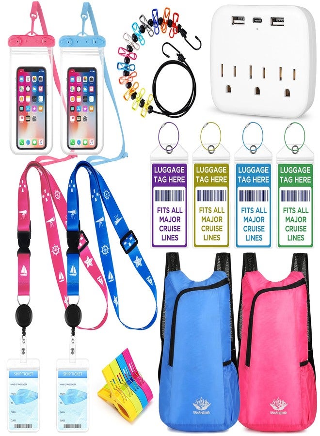 FACULX Cruise Must Haves Includes Cruise Luggage Tags, Cruise Lanyard, Waterproof Phone Bags, Travel Clothesline, Portable Backpack, Towel Clips, Power Strip for Carnival Essentials Kit (Blue and Pink) - Image 1